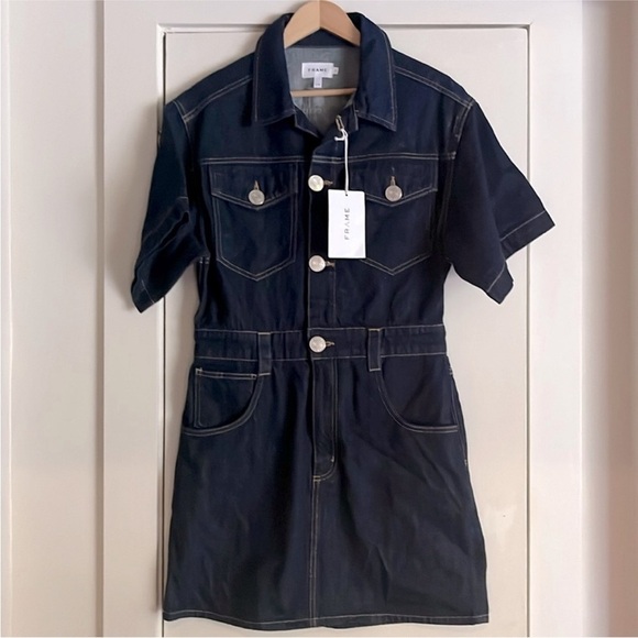 NWT. Frame Oversized Button Detail Denim Mini Jean denim Dress - Large - Picture 3 of 11